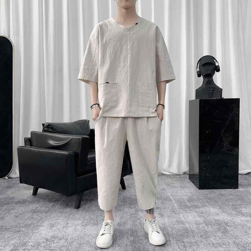 メンズ ファッション セットアップ チャイナ風 コットンリネン スーツ 夏 薄手 Ｔシャツ トップス Vネック 半袖 ズボン クロップドパンツ シンプルコーデ リラックス ホームウエア