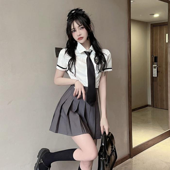 コスチューム 制服 スリムネクタイ 白 レディース 夏 半袖シャツ プリーツスカート ナイトクラブ 綿 夏 バー プロ シャツ