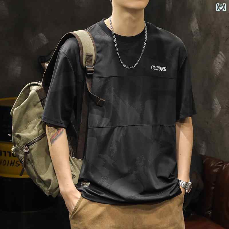 メンズ ファッション アメリカ 大きいサイズ 冷感 半袖 夏 薄手 ゆったり スポーツ 速乾 Tシャツ ラウンドネック