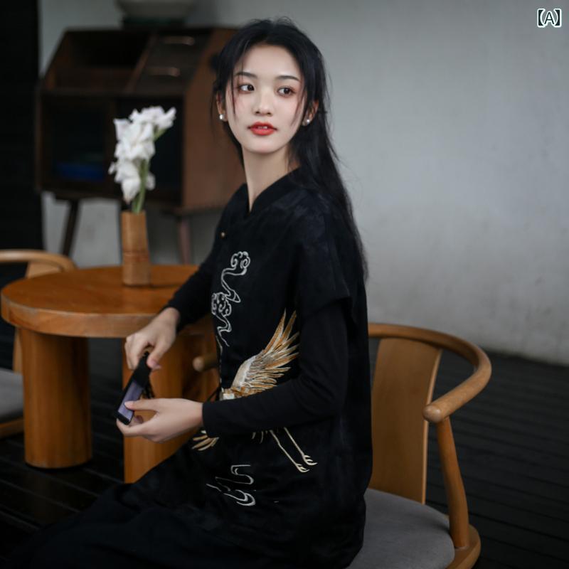 レディース 瀬戸もの風 セットアップ 口さかしい 黒 刺しゅう 唐装 漢服 成年者用 中国 茶師服 モンク 修する 思い入れる 禅意服 春夏 トップス 仕掛ける ワイドレッグパンツ リネン 綿織物 今めかしい ロング