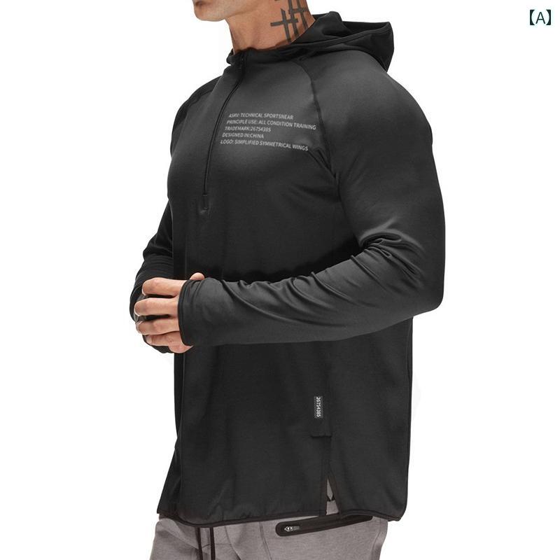 トップス メンズ 長袖 ジム フィットネス 筋トレ 秋 速乾 フード付き 服 パーカー ランニング スポーツ スウェット ブラック グレー ホワイト