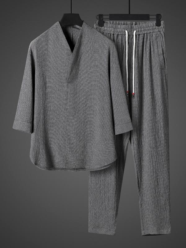 メンズ ファッション セットアップ チャイナ風 夏 レトロ 冷感 Tシャツ トップス スーツ Vネック シンプルコーデ 漢服 七分袖 パンツ ズボン カジュアル リラックス 上品