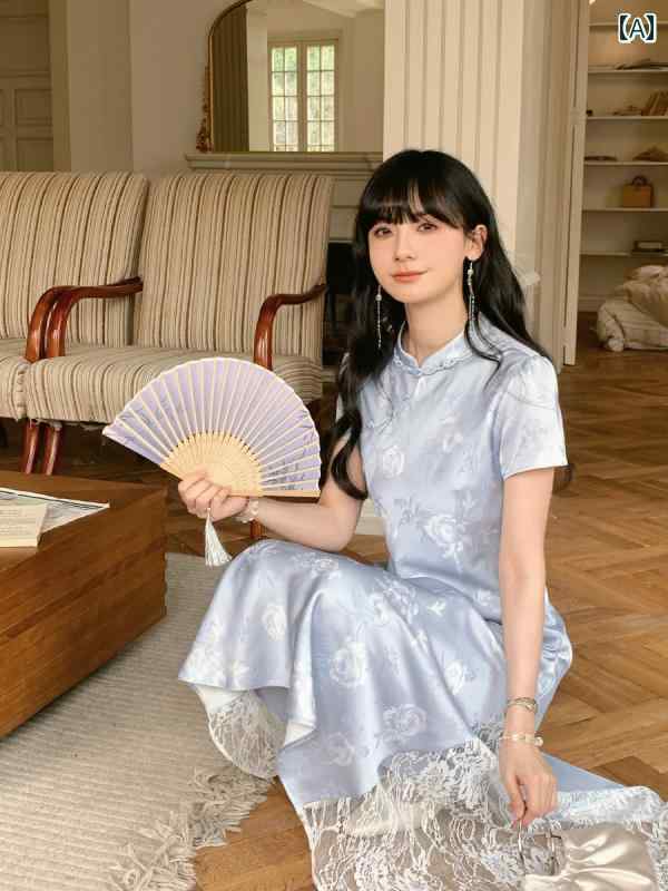 チャイナ ドレス レディース レトロ サマー ワンピース お呼ばれ 普段使い 女性 夏 レース ドレス ロングスカート スタンドカラー レース モダン エレガント｜way-ugo