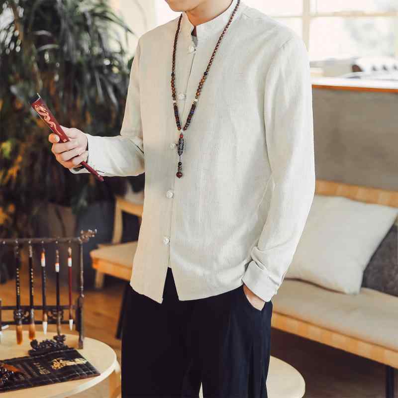 シャツ メンズ 長袖 チャイナ風 春秋 綿 スタンドカラー ボタン 薄手 カンフー レトロ カジュアル シンプル 無地 白 黒 紺 大きいサイズ