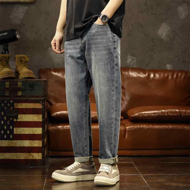 メンズ ロングパンツ 長ズボン アメリカン 春秋 オールシーズン レトロ デニム ジーンズ ストリート ストレート カジュアル ワイド ヴィンテージ ウォシュド 綿混紡 ポリエステル ノスタルジック 男性用 ブルー レジャー 大きいサイズ ボトムス