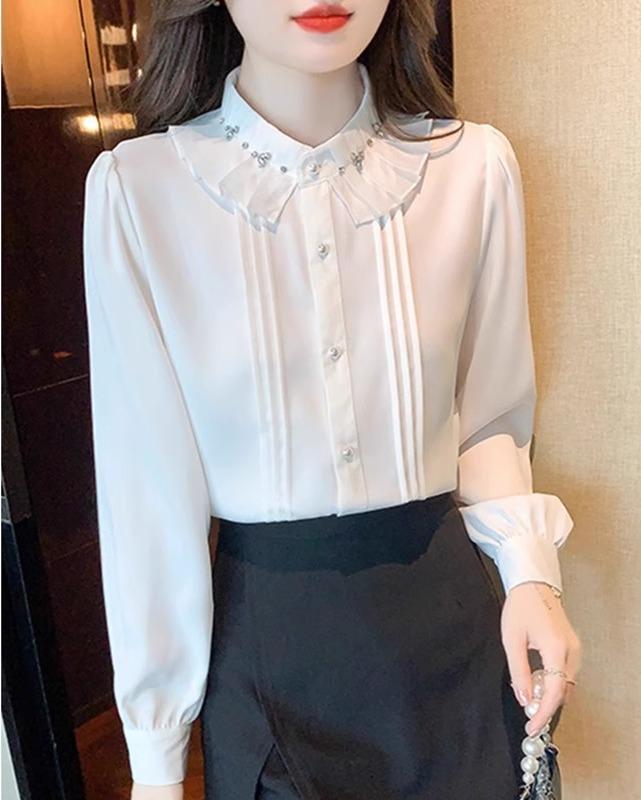 ブラウス シフォン シャツ レディース ファッション トップス ブラウス 長袖 春秋 白 ピンク ウエスタン スタイル POLO襟 エレガント おしゃれ 上品 高級感|way-ugo