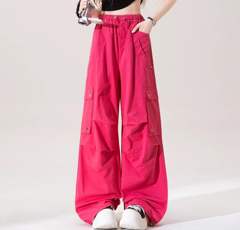 レディース パンツ ロング ワイドレッグ マルチポケット 速乾 濃ピンク 白 紺 薄グレー ピンク ゴムウエスト ドローストリング ゆったり 薄手 カジュアル モップ
