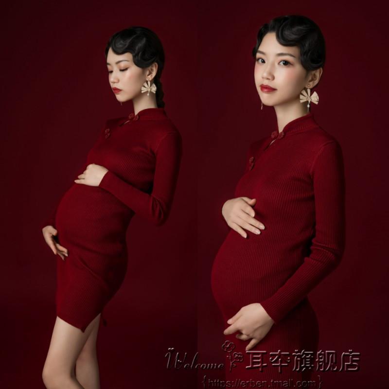 妊婦 フォト 衣装 マタニティ おしゃれ ファッション 写真 スタジオ 魅惑的 赤 レトロ チャイナ風 アート ワンピース フリーサイズ レッド シンプル