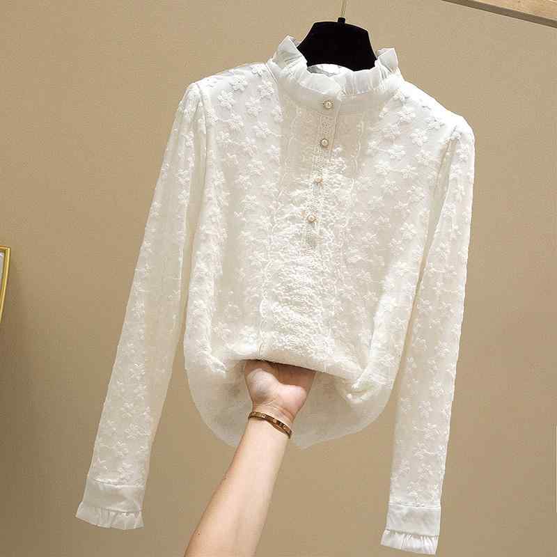 白 シャツ レディース ファッション アプリコット 春秋 フレンチ シフォン 花柄 レース ブラウス 長袖 トップス 大きいサイズ スタンドカラー エレガント 上品｜way-ugo