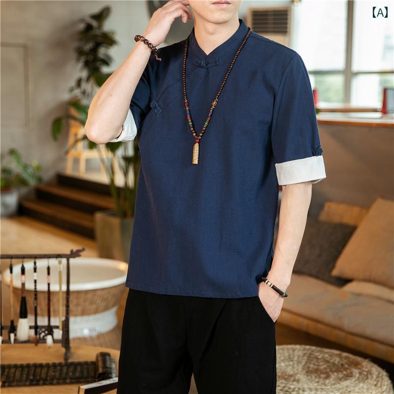 メンズ チャイナ風 夏 半袖 コットン 男性 レトロ エスニック 漢服 シャツ 中国風 斜め襟 スタンドカラー レジャー