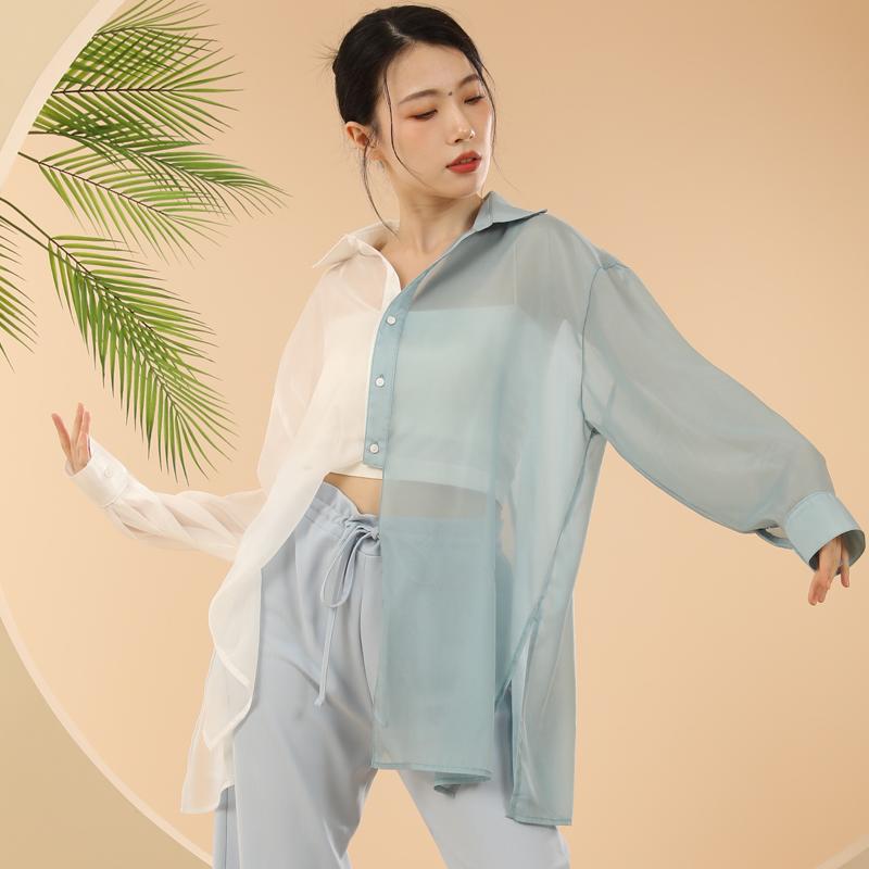 ダンスシャツ 後ろスリット入り モダンダンス パフォーマンス 服 練習服 ダブル カラーマッチング ゆったり 魅惑的 クラシックダンス 基礎 練習服 夏 4,375円