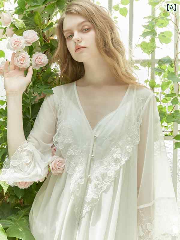 パジャマ レディース 宮殿風 春夏 お花チャームレースガウン シフォンキャミ ワンピース ２点セット ドレス ナイト ルーム ホームウェア ゆるふわ｜way-ugo