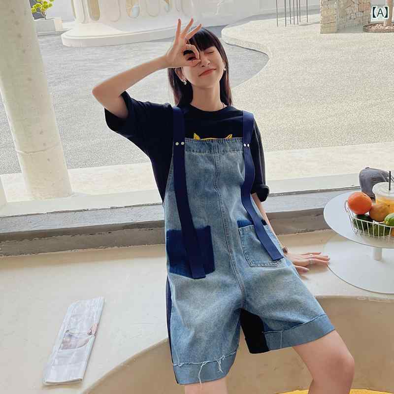サロペット ショート丈 パンツ レディース オーバーオール つなぎ デニム ショーツ 夏 小柄 ハイウエスト スリム ワイドレッグ 水色｜way-ugo