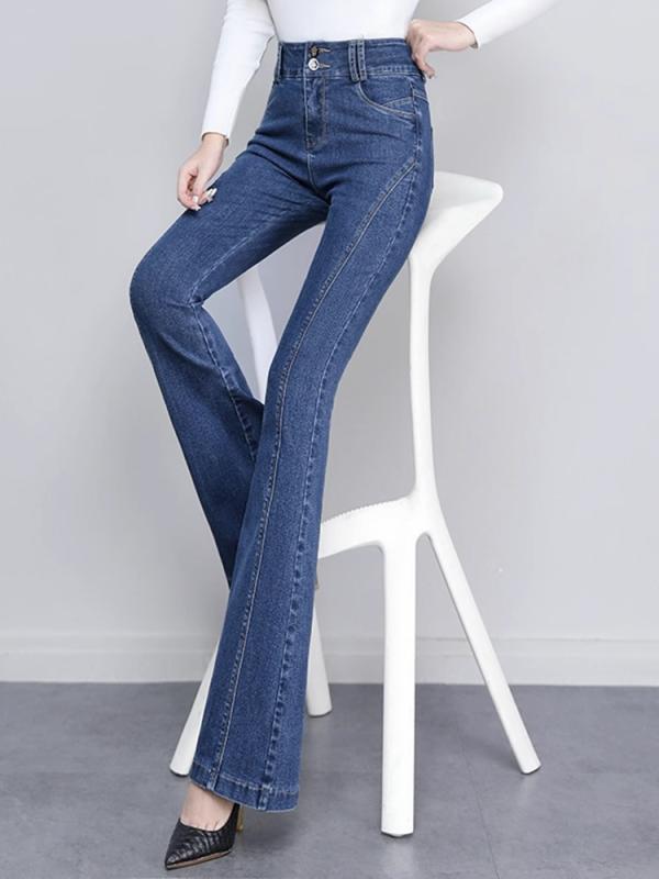 デニム フレアパンツ レディース ジーンズ ブーツカット ハイウエスト ストレッチ 着痩せ フィット 大きいサイズ 青 シンプル カジュアル｜way-ugo