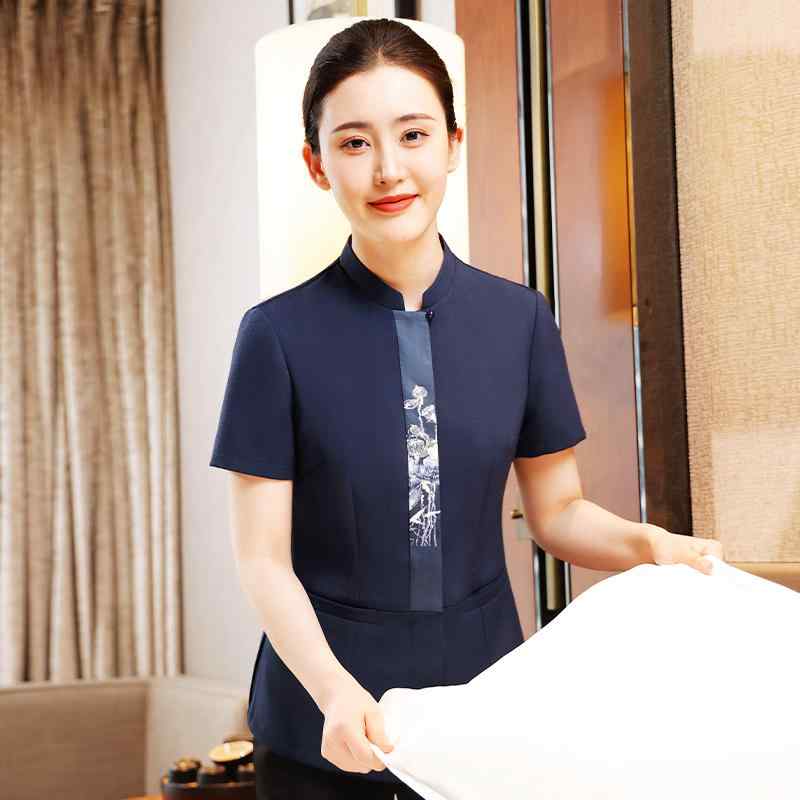 清掃 ユニフォーム 女性 チャイナ風 スタンドカラー ホテル レストラン 客室 おしゃれ 制服 作業着 ハウスキーパー シンプル 上下セット 紺 ズボン 半袖 大きいサイズ
