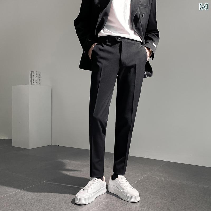 スラックス 秋 男性用 カジュアル パンツ 韓国 スリム ロング パンツ ストレート スーツ パンツ 小さい 足 ビジネス メンズカジュアル パンツ グレー