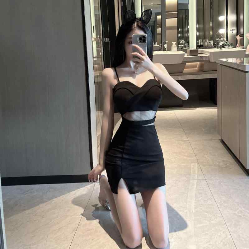 ナイトクラブ セクシー サスペンダー ドレス ヒップカバー ショート丈 夏 ノースリーブ ブロケード vネック