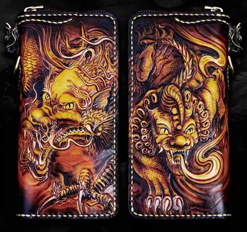 ドラゴン 彫刻 財布 ロング ウォレット メンズ ハイエンド レザーカービング ジッパー バッグ 牛革 精巧 龍 貔貅 クラッチバッグ バイク ストリート パンク 芸術