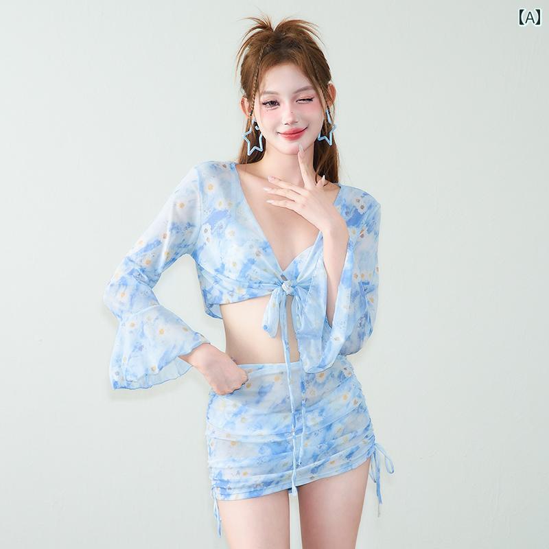 レディース ビキニ かわいい 夏 サマー 水着 ニット チェック柄 スプリット カジュアル スカート 長袖