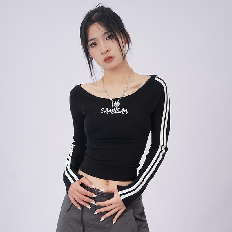 レディース アメリカン 刺繍入り ブラック ワンショルダー ロングスリーブ Tシャツ カジュアル へそ出し ショート丈 オフショルダー レイヤリング K-POP トップス 長袖