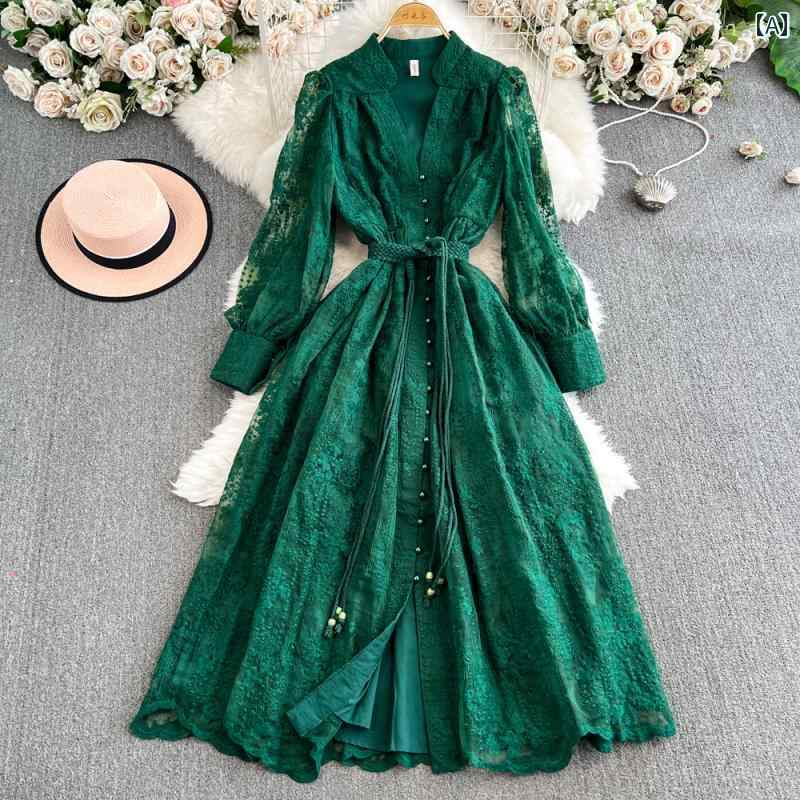 ワンピース レディース おしゃれ フランス レトロ ドレス 刺繍 スリム ロング レース ドレス ハイエンド ドレス ミディスカート