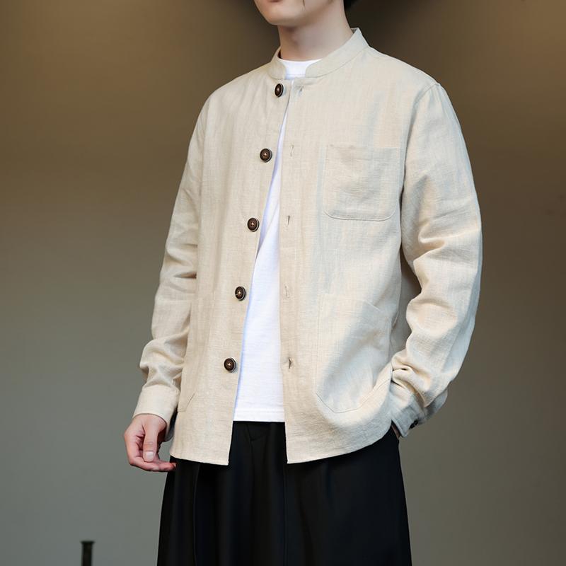 リネン シャツ 長袖 メンズ チャイナ風 ジャケット 春夏 綿 スタンドカラー ボタン ポケット ゆったり 薄手 吸汗 通気 漢服 カジュアル グレー 黒 黄色 大きいサイズ