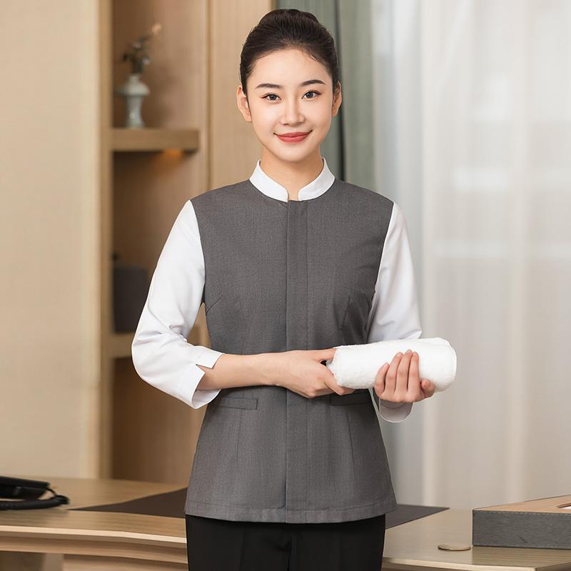 清掃 ユニフォーム 女性 夏 トップス レディース おしゃれ スタンドカラー 掃除 作業着 制服 長ズボン 大きいサイズ 通気性 柔らかい ハウスキーパー ホテルスタッフ ビル 商業施設 シンプル グレー