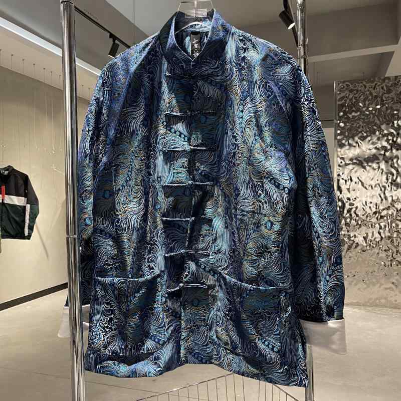 チャイナジャケット 唐装 カンフー着 メンズ レディース 立ち襟 長袖 かっこいい エスニック 鳳凰尾 青 秋 金襴 ダーク パターン ジャカード中華風 アウター｜way-ugo