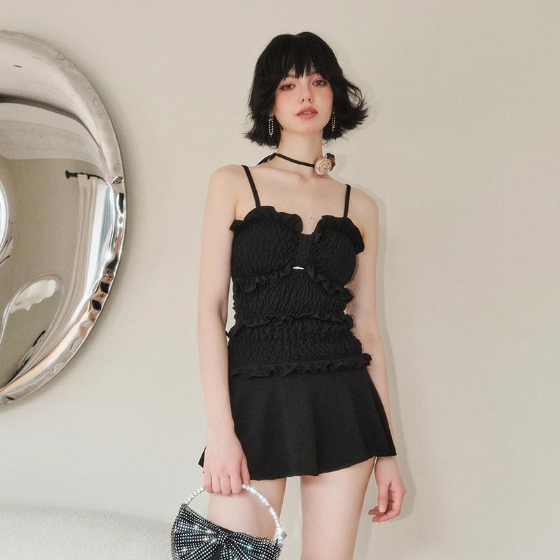 水着 レディース スイムウェア プール 温泉 夏 サマー ナイロン バックレス ブラック 黒 カジュアル ノースリーブ スカート ワンピース シンプル