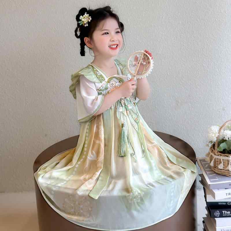 ワンピース 女の子 キッズ 春夏 古風 中華風 高級感 華やか エレガント 軽やか 発表会 ステージ衣装 イベント ドレス ポリエステル 花柄 Aライン ラベンダー グリーン