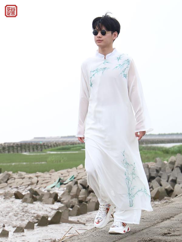 チャイナ服 メンズ チャンパオ 薄手 ロング パフォーマンス プリント シフォン レトロ 夏 ホワイト ブラック スタンドカラー ラウンドネック