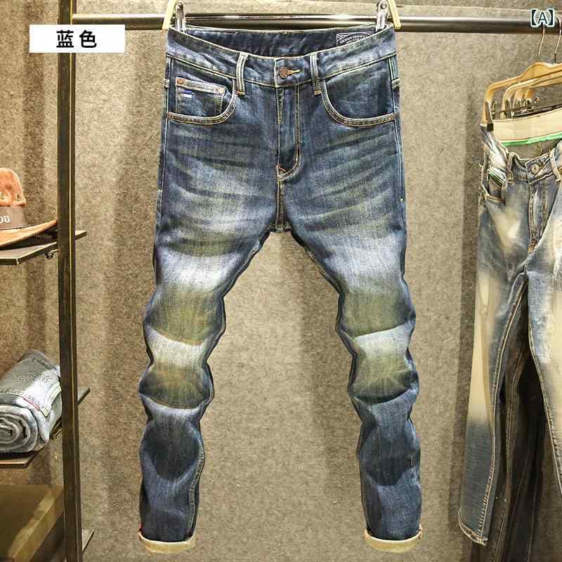 デニムパンツ アメリカン レトロ ジーンズ メンズ 秋 スリム フィット スモール ストレート パンツ ハイエンド ウォッシュ加工 春秋 ストレッチ デニム