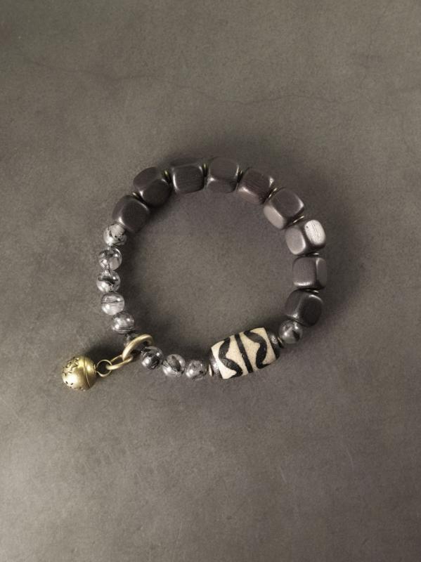 ブレスレット メンズ レディース アクセサリー 手首 ユニセックス レトロ 黒檀木 クリスタル 真鍮 単層 バングル 個性的 おしゃれ 普段使い カップル お揃い