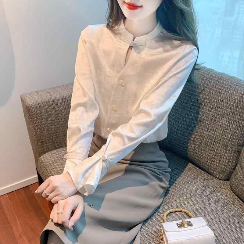 ブラウス 年 女性用 長袖 シャツ 春秋 スリム サテン バックル レディース ファッション チャイナ風 ブラウス スタンドカラー アプリコット エレガント おしゃれ 上品|way-ugo