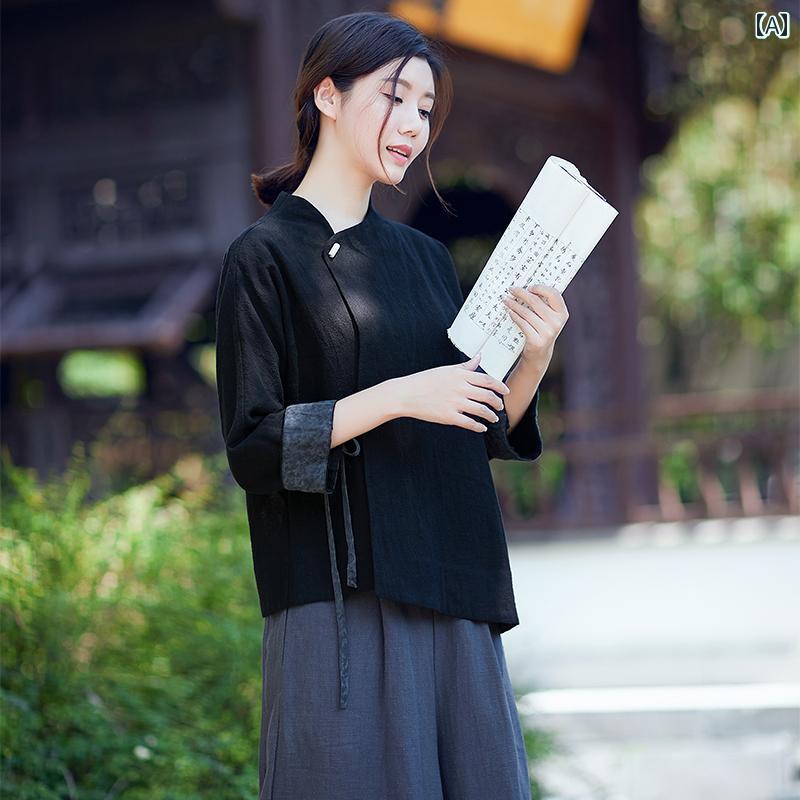 綿織物 リネン 唐 背広 お上さん用 年月 レトロ トップス 禅 瀬戸もの風 お上さん服 紅茶背広 レディース