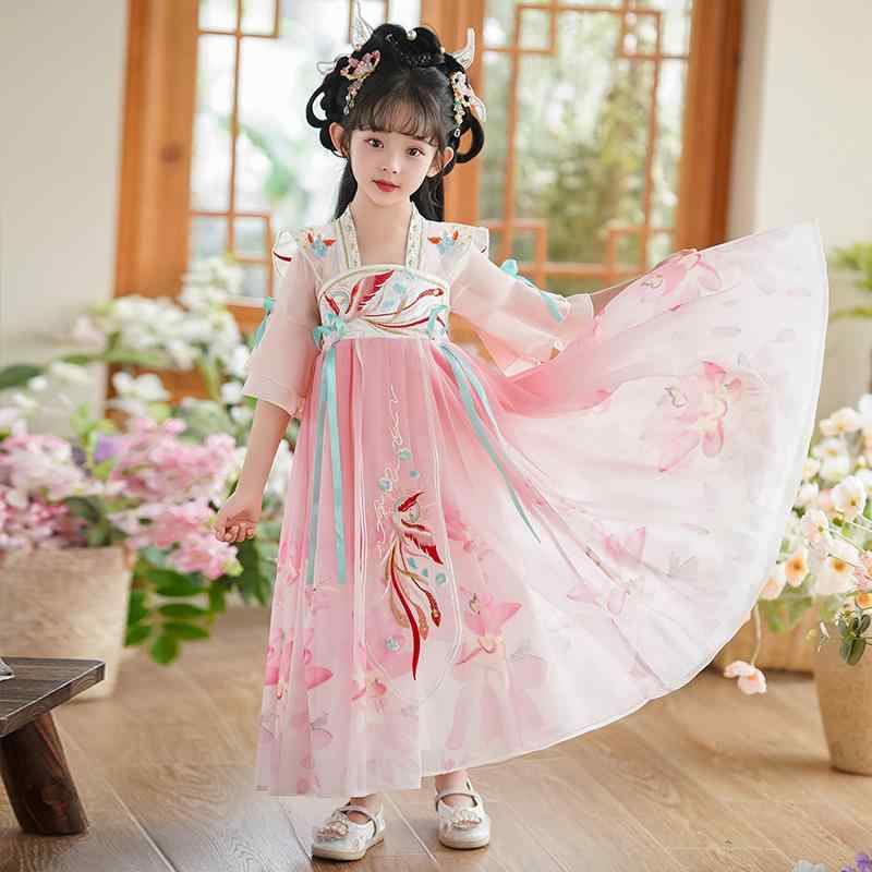 キッズ 女の子 中国風 漢服 唐装 ワンピース 明代スタイル 花柄 レース リボン 切り替え シフォン ポリエステル 薄手 柔らかい おしゃれ かわいい プリンセス 春夏 ピンク