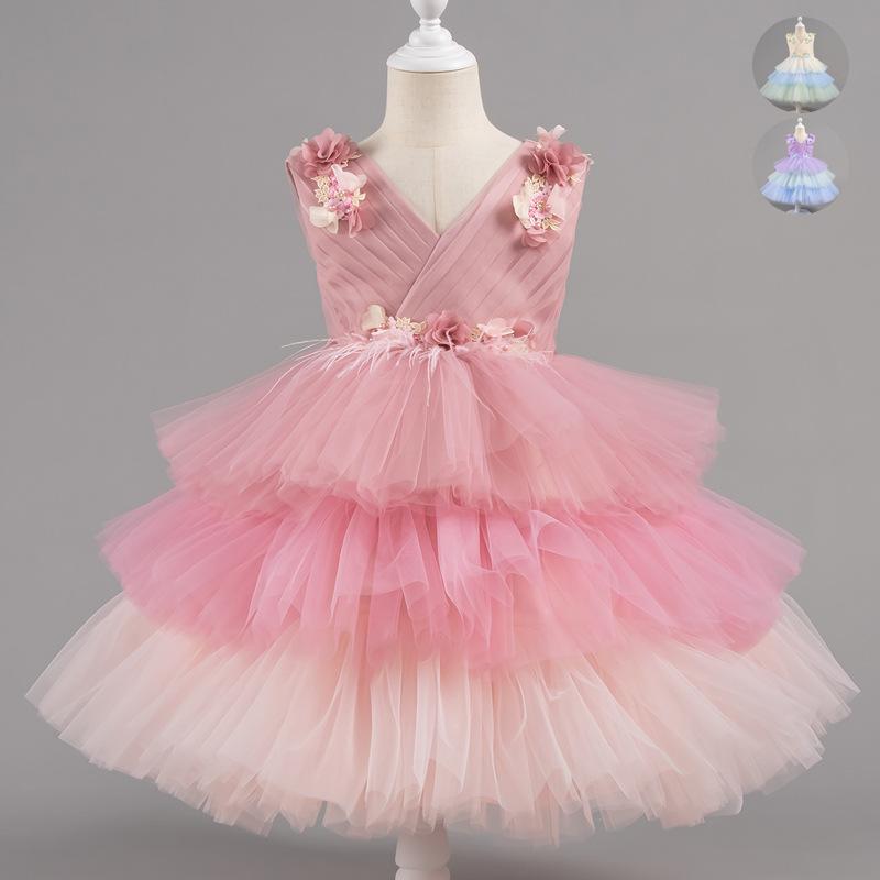 ドレス 女の子 キッズ ベビー 春夏 ティアード チュール ワンピース 誕生日 ピアノ 発表会 結婚式 パーティー フォーマル かわいい プリンセス フリル ローズピンク パープル シャンパンカラー