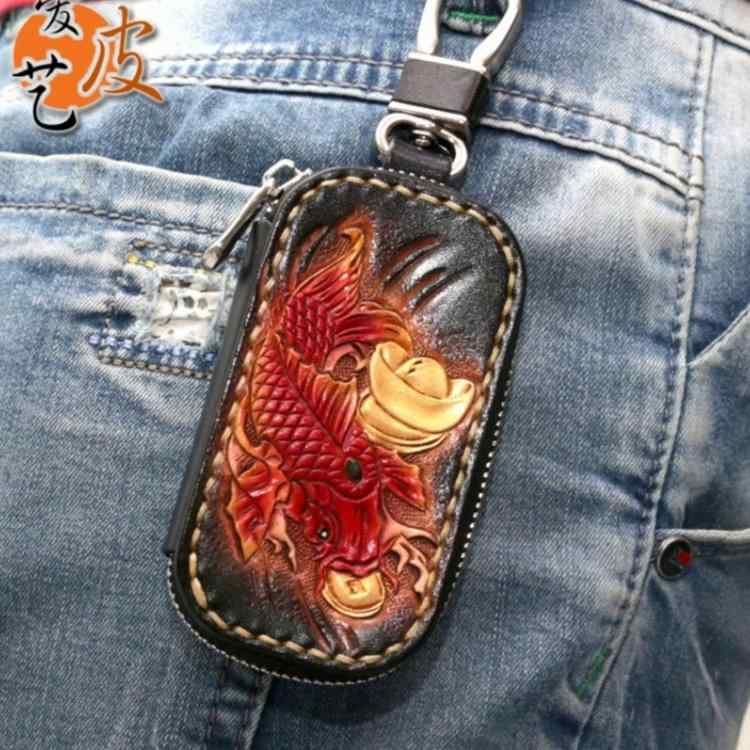 牛革 キー ケース 中国風 革 彫刻 ユニバーサル 収納 バッグ 革 レトロ 実用 キーホルダー キー収納 感 革 ジッパー レザー