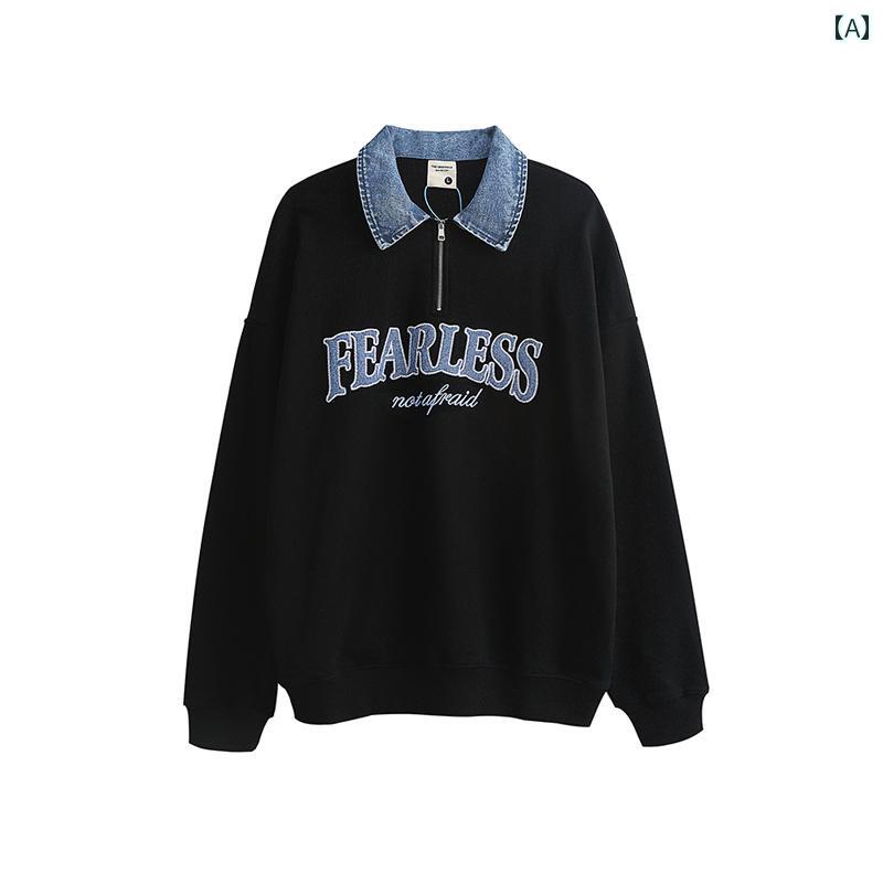 メンズ レディース アメリカン トレーナー レトロ デニム ポロ襟 スウェットシャツ カジュアル 刺繍 文字 長袖 ジャケット かっこいい ラウンドネック