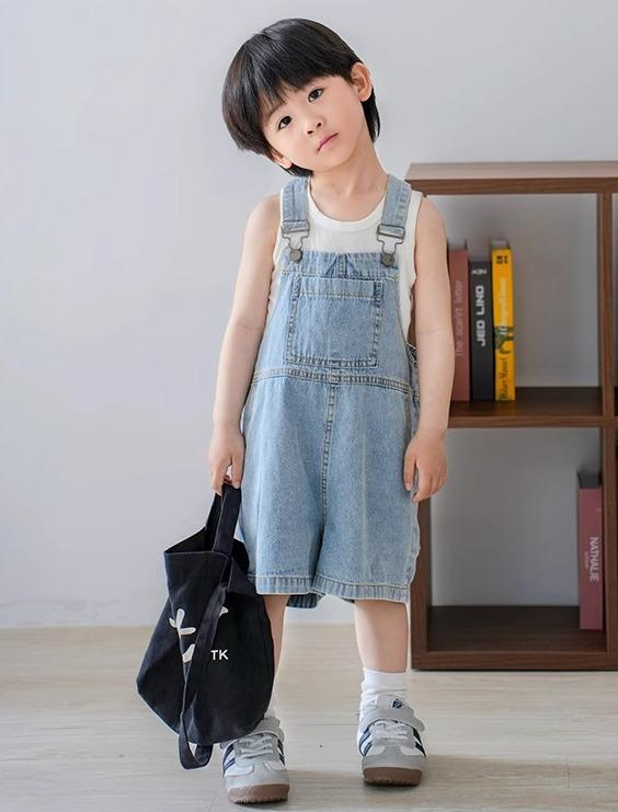 デニム オーバーオール ベビー キッズ サロペット 子供服 男の子 女の子 夏 ゆったり ショート丈 カジュアル ブルー