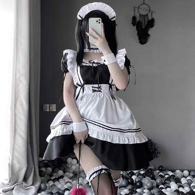 レディース メイド ウエイトレス 制服 衣装 コスチューム コスプレ パフォーマンス カチューシャ ネックリング ブレスレット セット かわいい キュート アイドル グループ ダンス カフェ デート パーティー ステージ 美シルエット 映