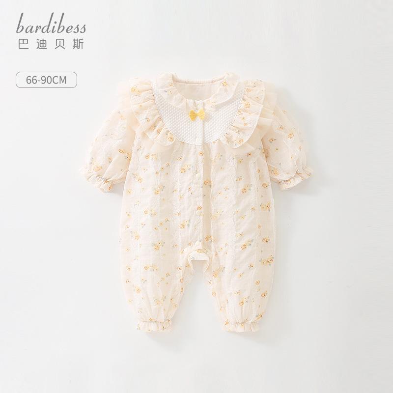 ベビー ロンパース ジャンプスーツ カバーオール 赤ちゃん用品 おしゃれ ファッション 春 女の子 かわいい プリンセス 長袖 屋外 イエロー フリル 花柄 フリル