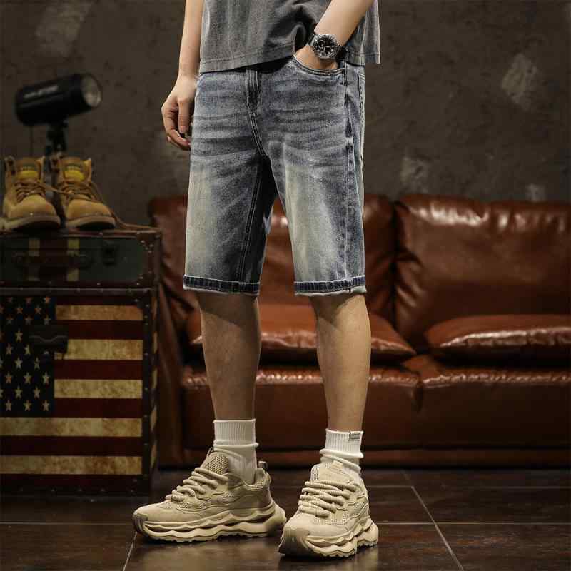 メンズ ショートパンツ アメリカン 夏 デニム ジーンズ レトロ ウォッシュド ヴィンテージブルー ゆったり ストレート 半ズボン ハーフ 五分丈 膝上 ボトムス ミディアム カジュアル 薄手 綿混紡 ポリエステル やや伸縮性あり 男性用 大きいサイズ
