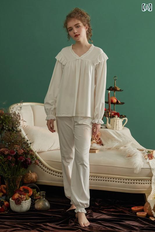 Chenxiの 宮殿の パジャマ レディース 春秋 長袖 スーツ Vネックは ゆったり 家の 服の 外で 着用 できます｜way-ugo