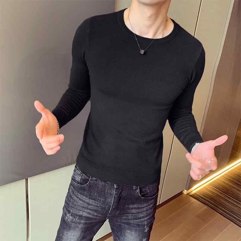 メンズ ニット セーター ラウンドネック 韓国 スリムフィット セーター 無地 タイト 薄 底 シャツ 春秋 長袖 スリムフィット ファッション｜way-ugo