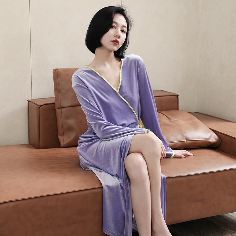 レディースパジャマ ルームウエア 女性用 パジャマ 春秋 長袖 ナイトガウン ゴールド ベルベット ナイトガウン 秋冬 ホームウェア