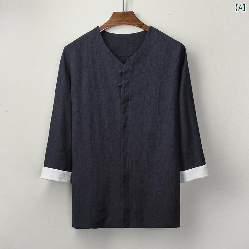 メンズ チャイナ風 綿 リネン ジャカード シャツ 男性 中国風 ジャケット 春 長袖 ゆったり ファッション シンプル