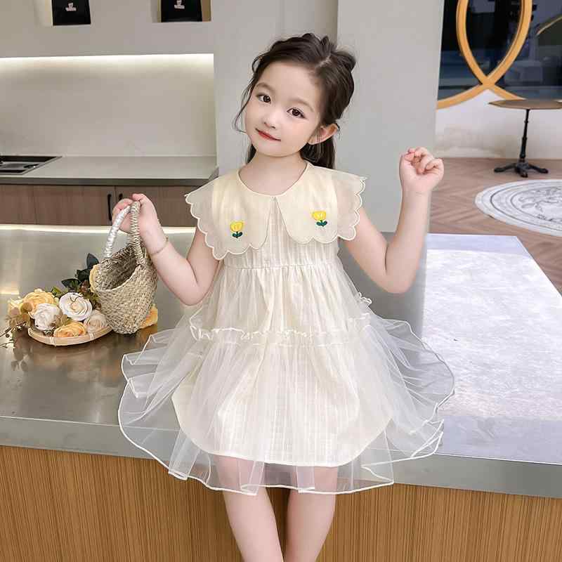 ワンピース 女の子 キッズ スウィート かわいい おしゃれ 上品 プリンセスライン 花柄 ミルクティーカラー 綿 コットン やわらか 春夏 お出かけ 普段使い ドレス