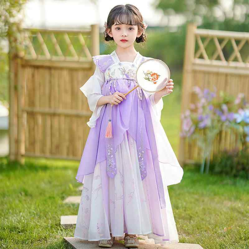 ワンピース 女の子 子供用 キッズ 漢服 古風 中国風 民族衣装 花柄 薄手 柔らかい 肌触り良い 通気性 涼しい ポリエステル プリンセスライン Aライン 春夏 お祭り イベント 普段使い
