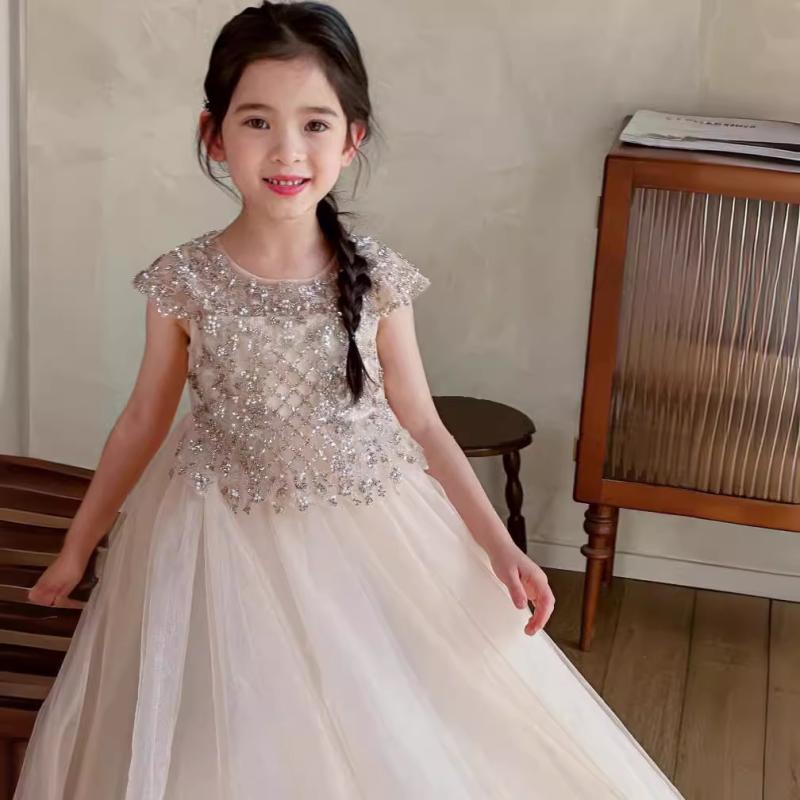 ドレス 女の子 春夏 ピアノ発表会 演奏会 結婚式 フォーマル シャンパンカラー チュールスカート 子供服 上品 エレガント コットン キッズワンピース 七五三 パーティー セレモニー